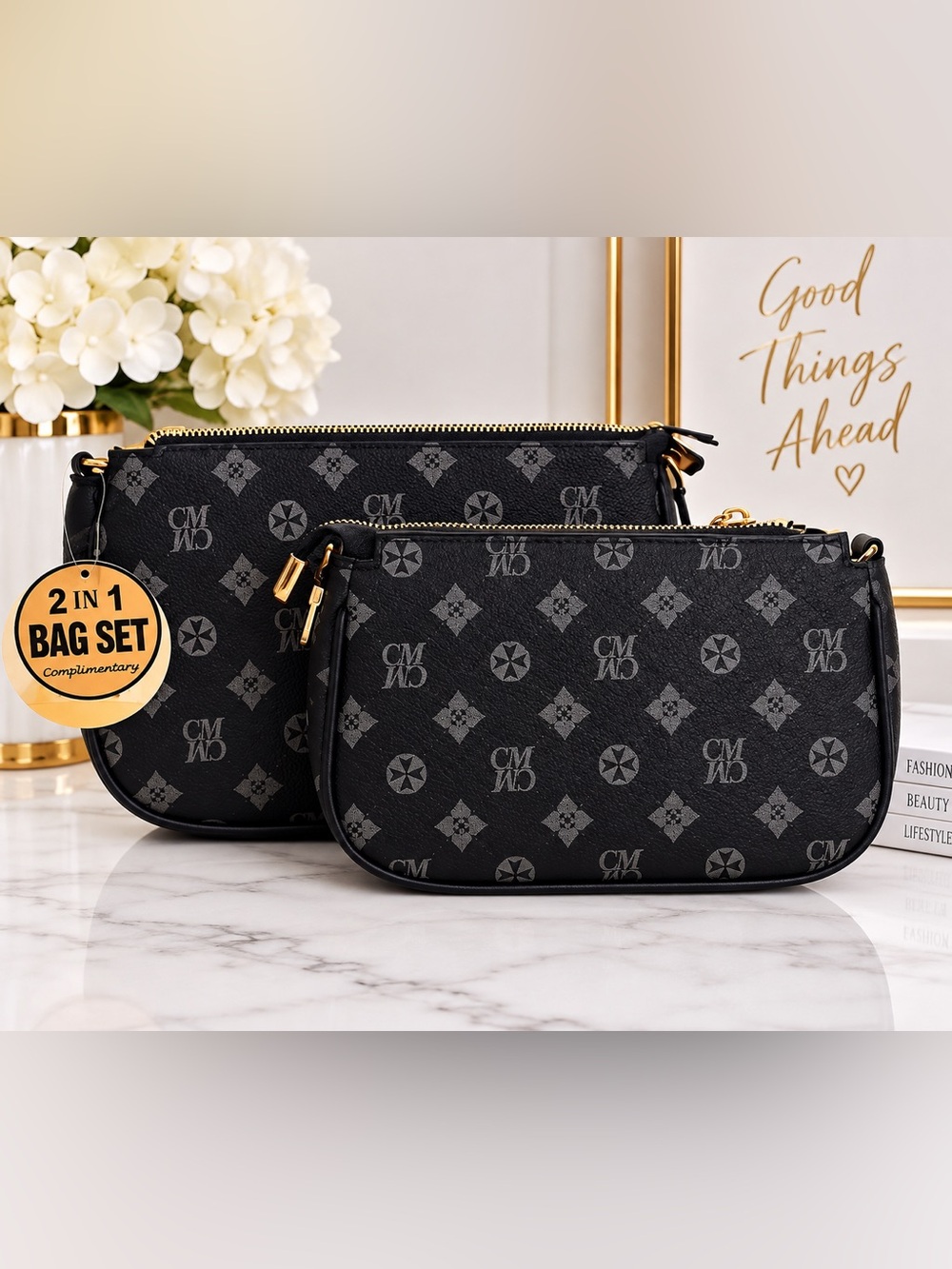 Geometric Canvas Crossbody Bag - Brown and Cream